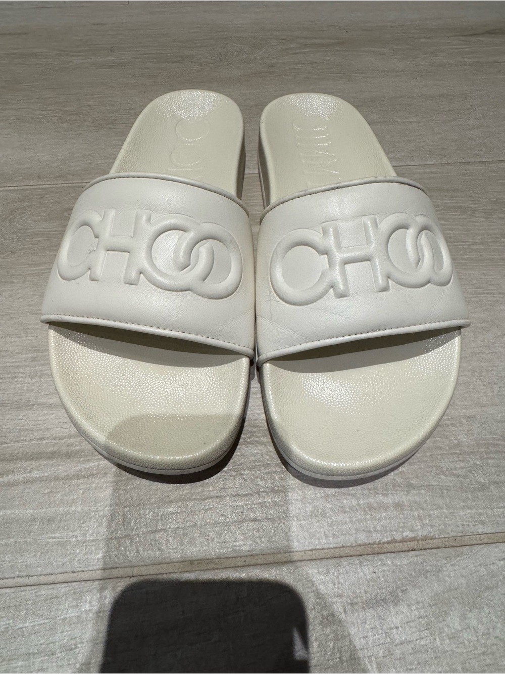 Jimmy Choo White Embossed Logo Slide Sandals Size 8